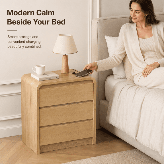 Wood Nightstand with Charging Station, 3-Drawer Bedside Table, Natural