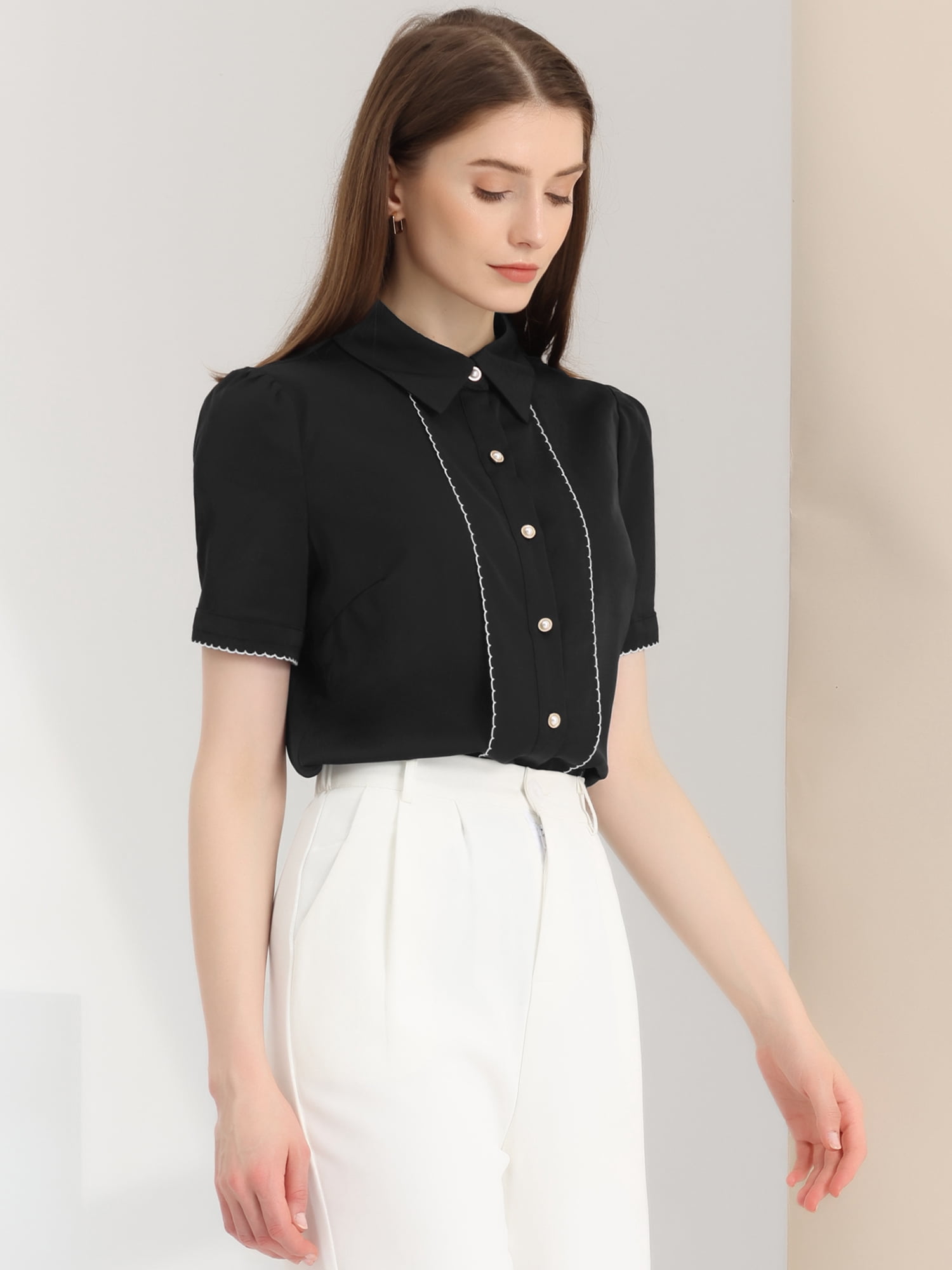 DARING DIVA Women's Button Down Collared Contrast Trim Puff Sleeve Blouse M Black