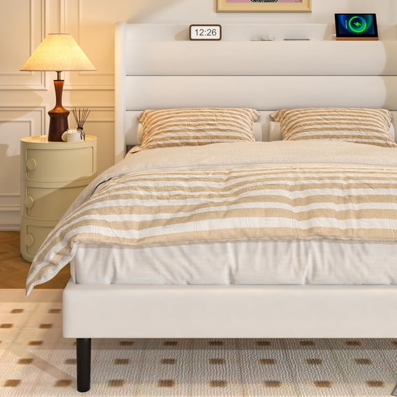 Frostbloom Queen Bed Frame with USB & Type-C Charging Station and Velvet Wingback Headboard, White