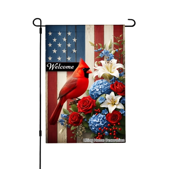 Welcome American Flag Cardinal And Flowers Garden Flag For Home Outdoor Garden Yard Decor 12x18 Inch