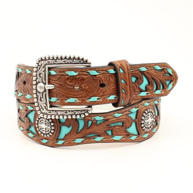 Ariat Men's Brown Floral Embossed Turquoise Underlay Leather Belt 