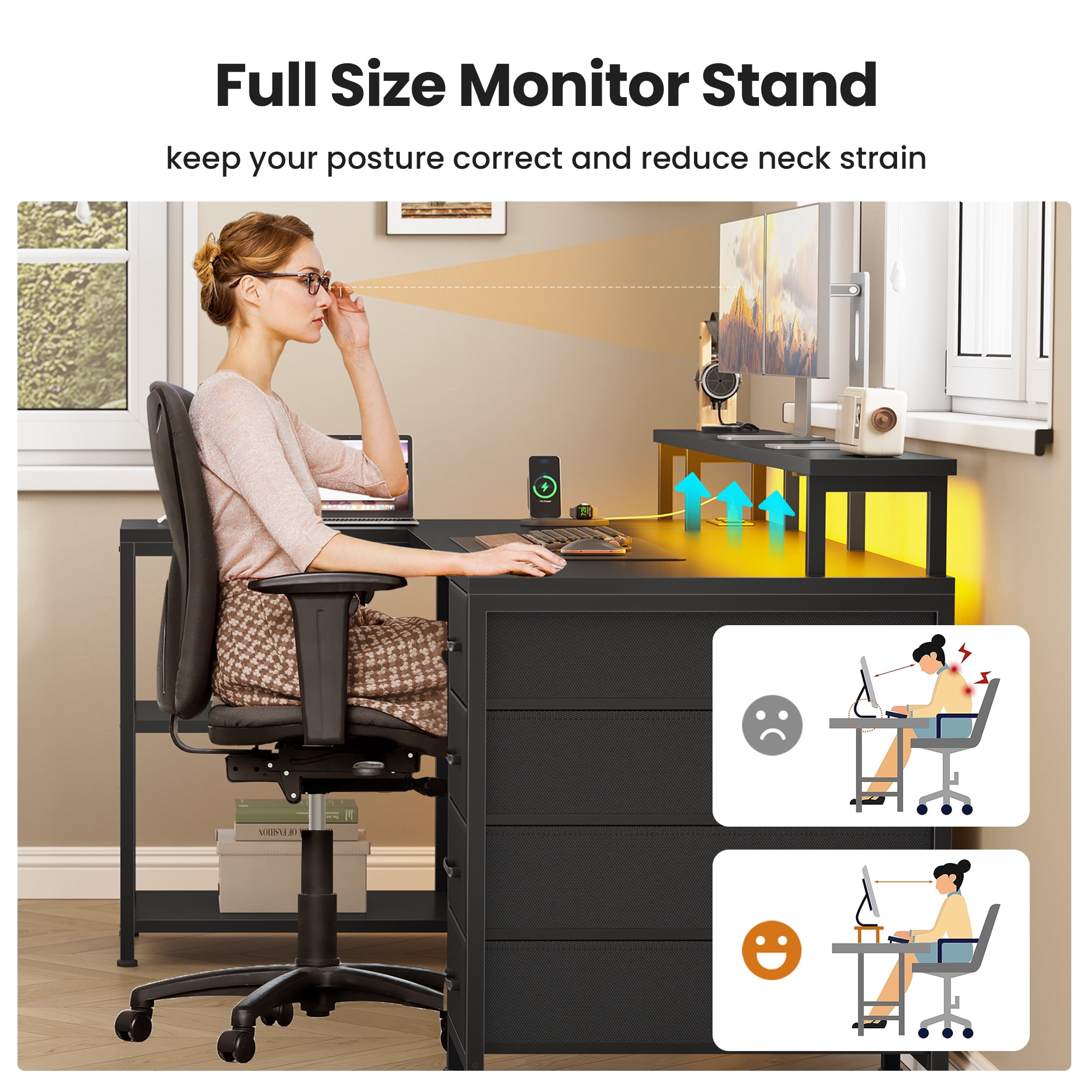 47" Gaming Desk with Power Outlets & LED Lights, L Shaped Desk with Fabric Drawers & CPU Stand, Corner Computer Desk with Open Shelves for Small Space, Black
