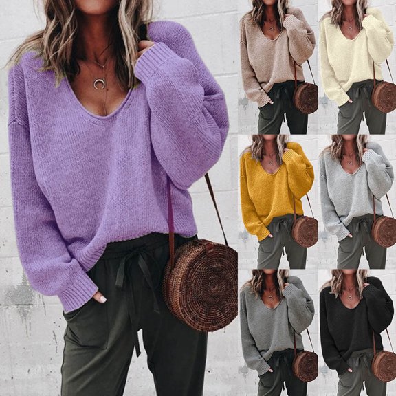 Fartey Oversized Knitted Sweater for Women Trendy Deep V Neck Long Sleeve Pullover Tops Loose Fit Drop Shoulder Sweater Fashion Fall Winter Solid Color Sweaters Black XL