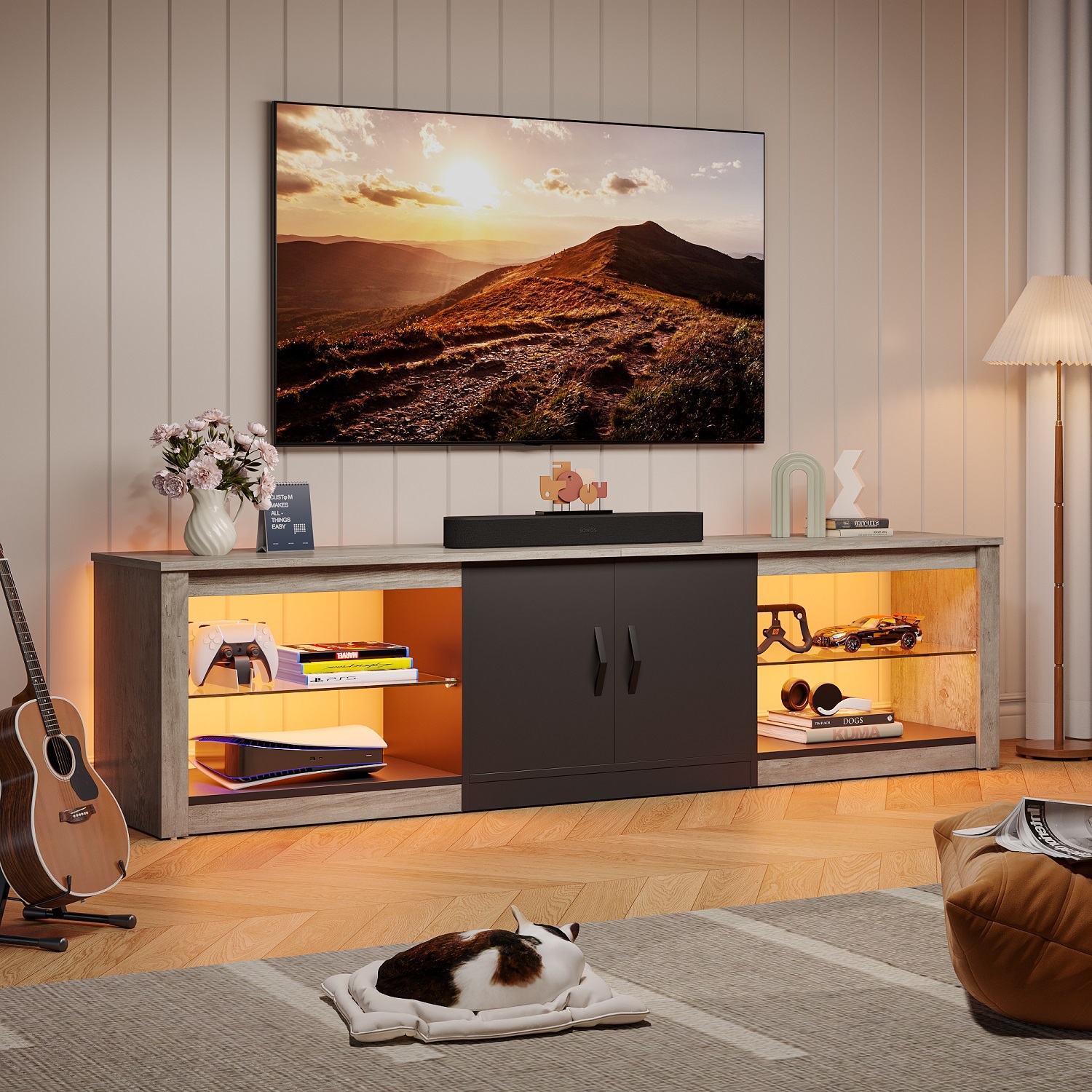 Bestier 70" TV Stand with LED Lights, Wash Grey photo 8