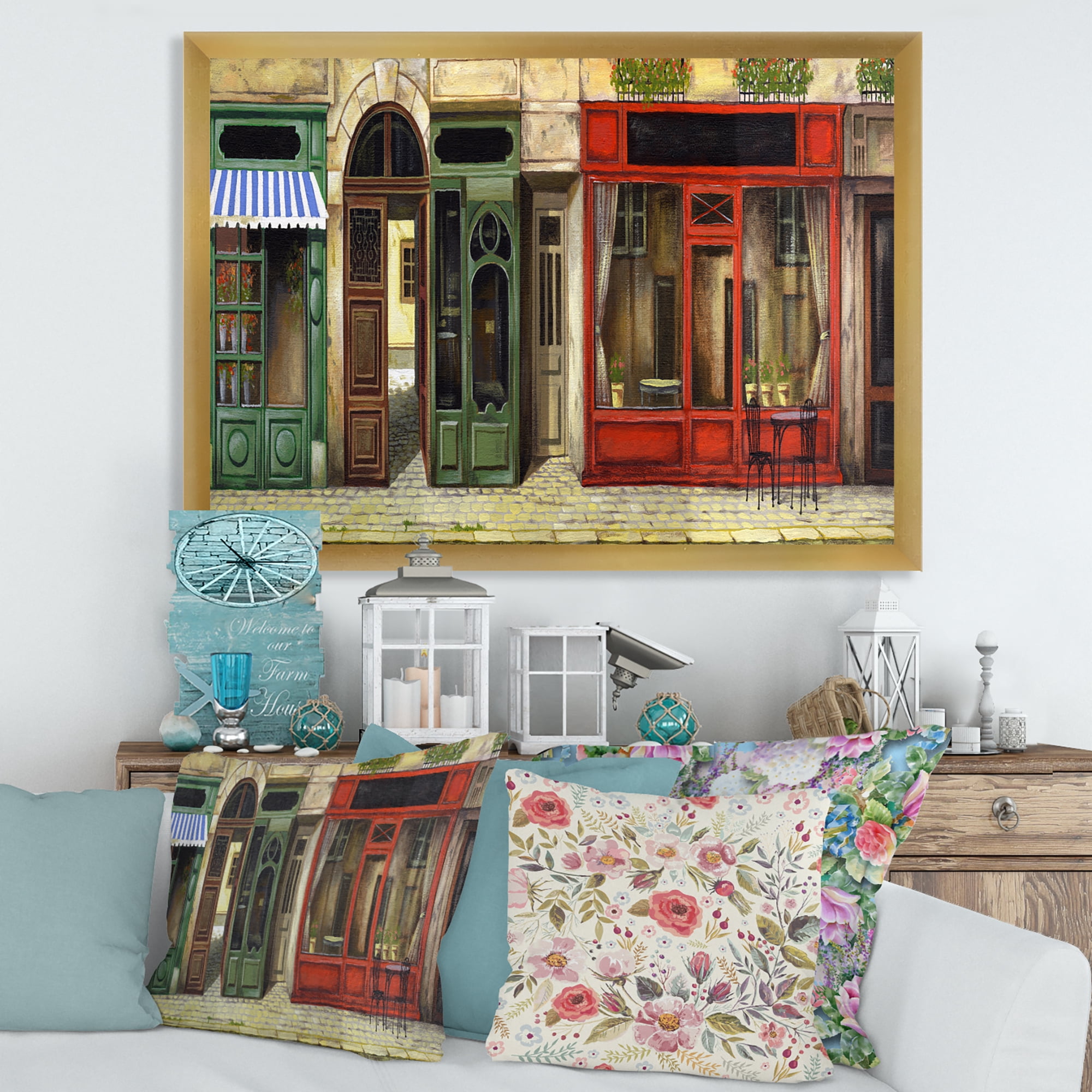 Designart 'Red Facade of Charming Shop In Paris Street II' French Country Framed Art Print