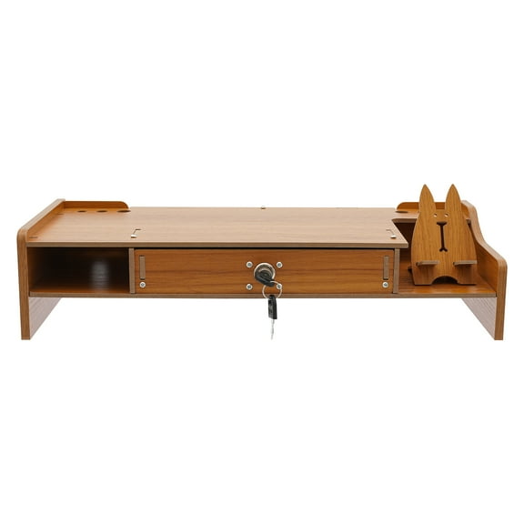 MDF Modern Computer Monitor Stand Computer Monitor Screen Booster Computer Rack with Pre-cut Pen Holes Lockable Drawer and Small Phone Holder Tabletop Mounting Type
