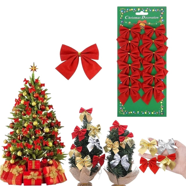 Décorations de Noël Extérieures Hangs 12 Pcs Nœuds de Noël Rouges Décorations Suspendues Nœud Or Argent Ornements de Sapin de Noël Nouvel An Décoration de Noël un Pendentif