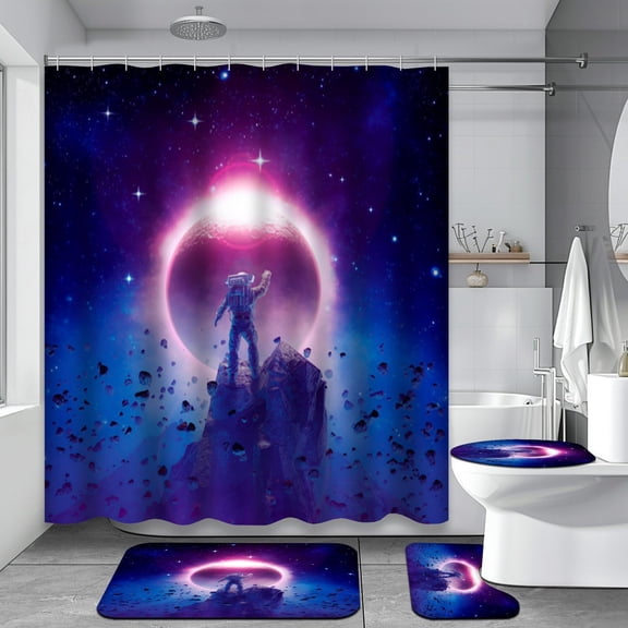 4 Pcs Science Fiction Shower Curtain Sets with Rugs for Bathroom Decor,Astronaut Space Bathroom Shower Curtain Sets,Solar Eclipse Bathroom Sets with Shower Curtain and Rugs