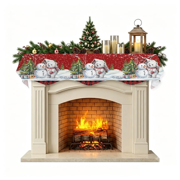 Christmas Mantle Scarf 90x17 Inch, Red Christmas Fireplace Christmas Decorations Cover Runner, Xmas Tree Snowman Bear Snowfall Plaid Christmas Mantel Decorations Xmas Holiday Mantel Scarves