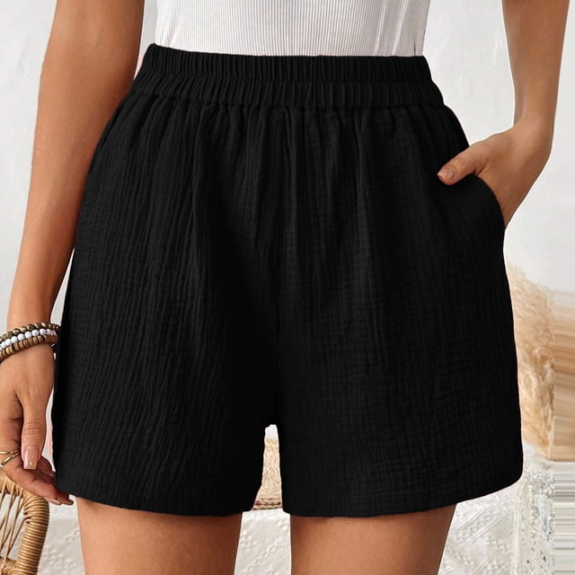 MKLEKYY Pantalones Cortos Deportivos Holgados De Cintura Alta Con Dobladillo Plisado De Doble Capa Y Pierna Recta Para Mujer