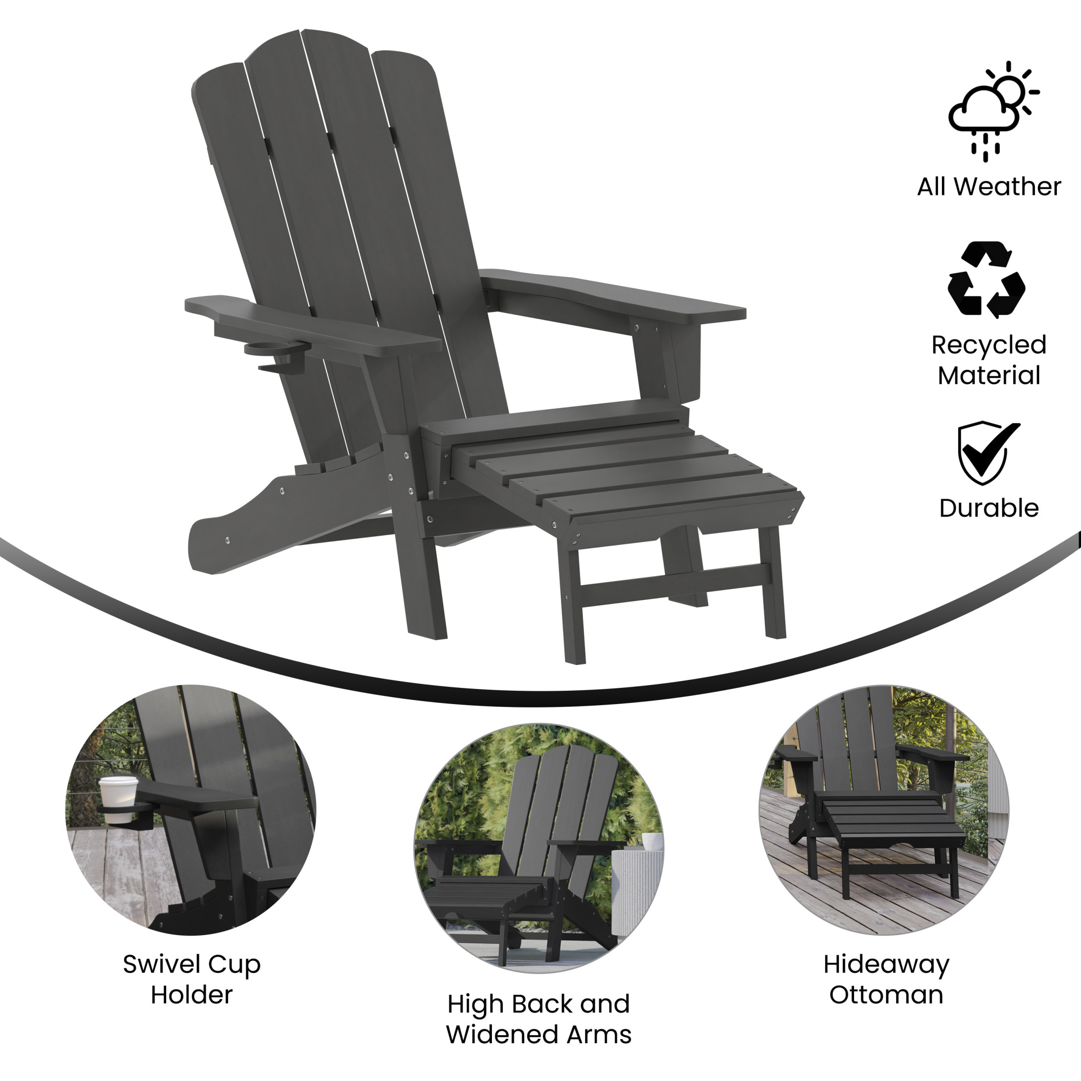 BizChair HDPE Adirondack Chair with Cup Holder and Pull Out Ottoman, All-Weather HDPE Indoor/Outdoor Lounge Chair in Gray, Set of 2