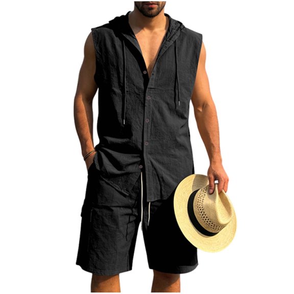 BLTIBY Mens Linen Set 2 Piece Summer Beach Outfits Sleeveless Button Down Hoodies and Drawstring Shorts Matching Vacation Sets with Pockets Black L