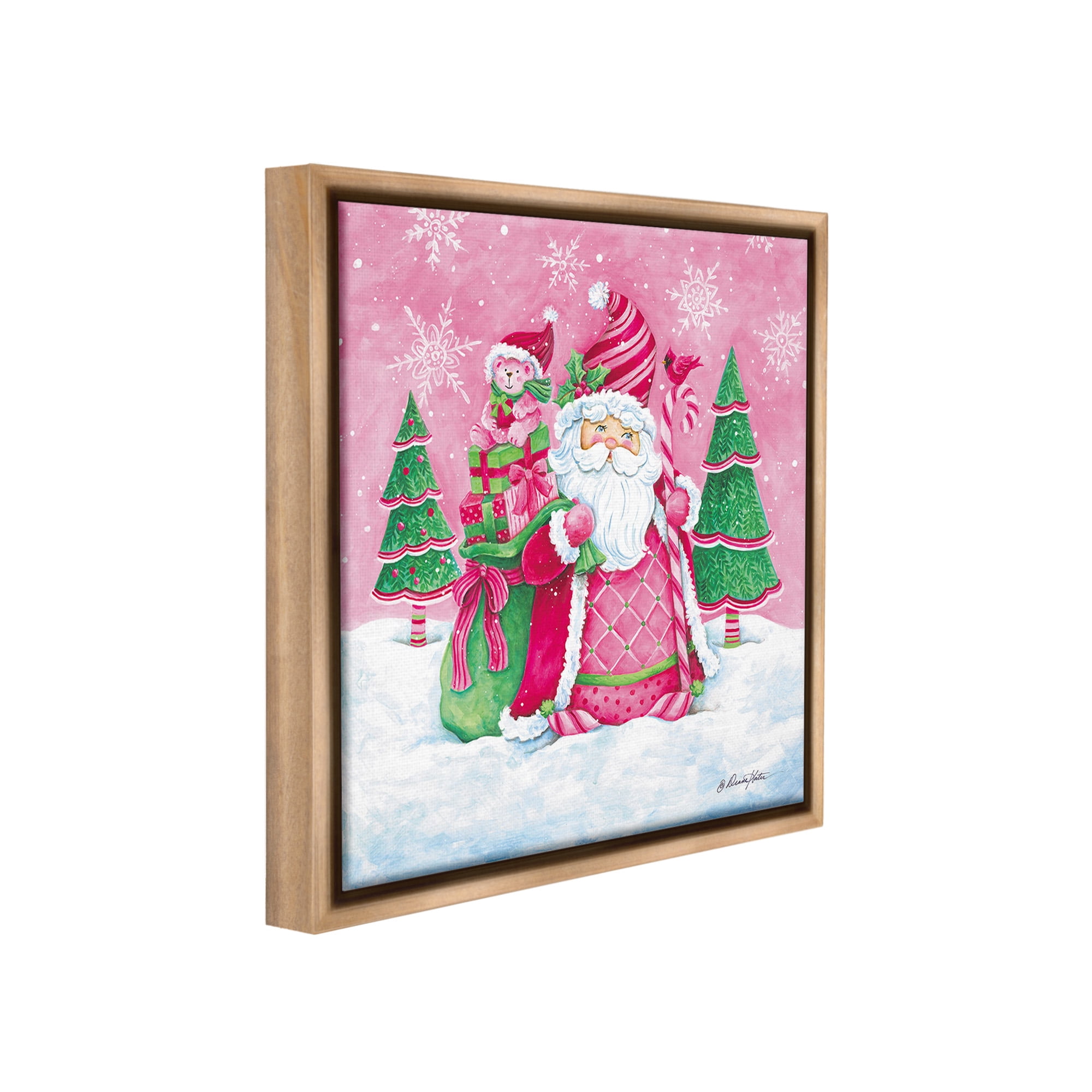 Stupell Industries Pink & Green Santa Scene Holiday Painting Brown Floater Framed Canvas Art Print Wall Art, 25 x 25