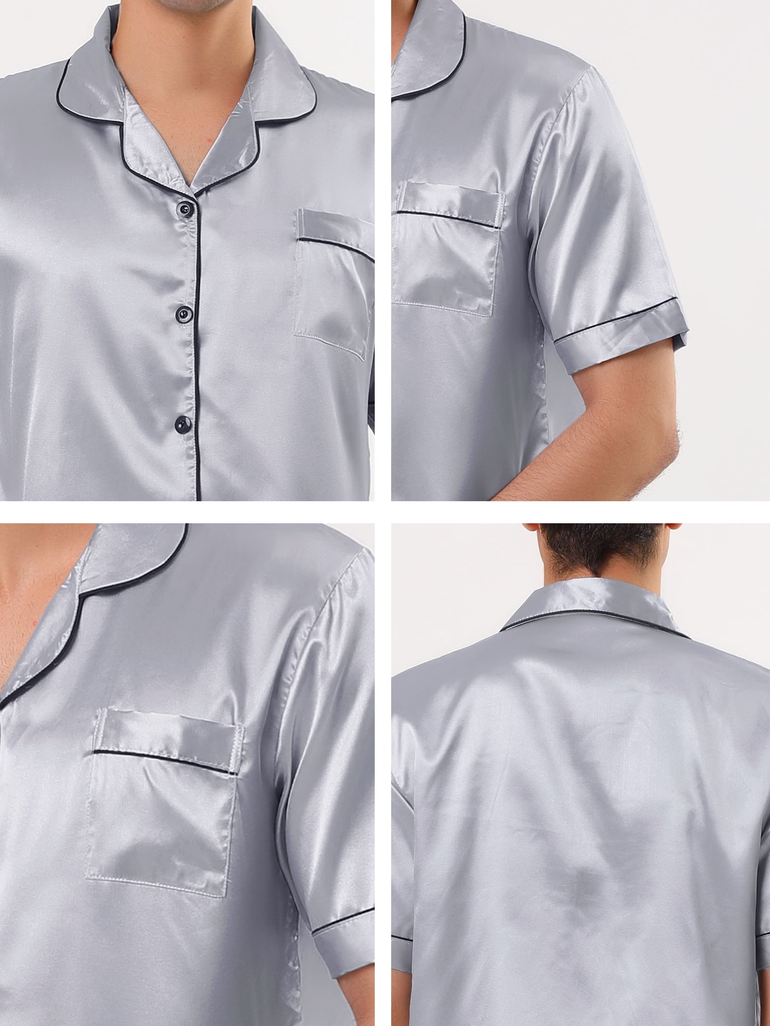 Unique Bargains Men's Button Down Satin Pajama Sets Short Sleeves Nightwear Small Gray