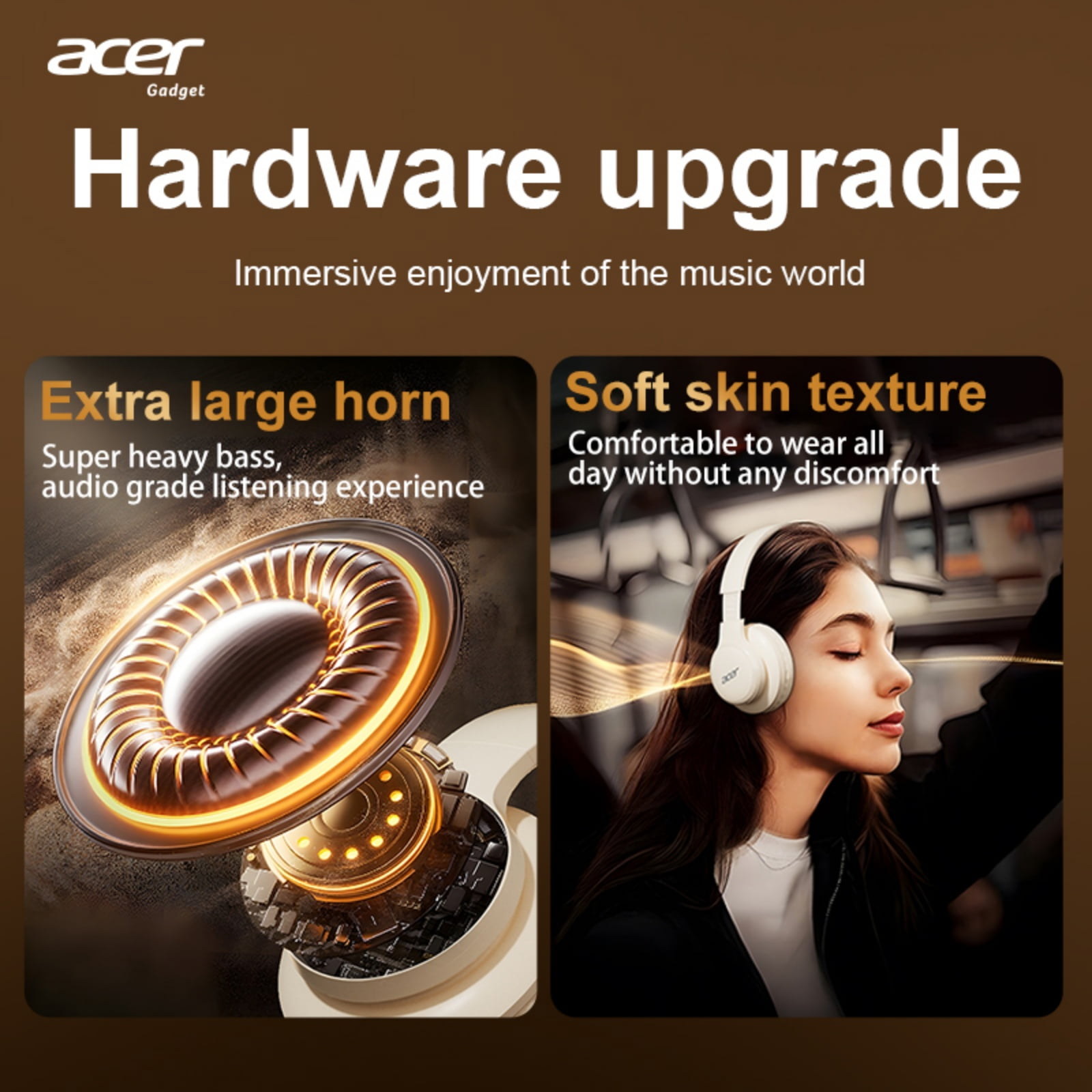 Acer Over-ear Headphones with 60H Playtime, Hi-Res Audio Foldable and Comfortable, Beige