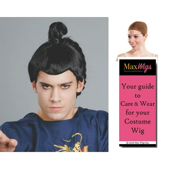 Samurai Japanese Warrior Color Black - Enigma Wigs Men's Bun Man Anime Full Bundle with Wig Cap, MaxWigs Costume Wig Care Guide