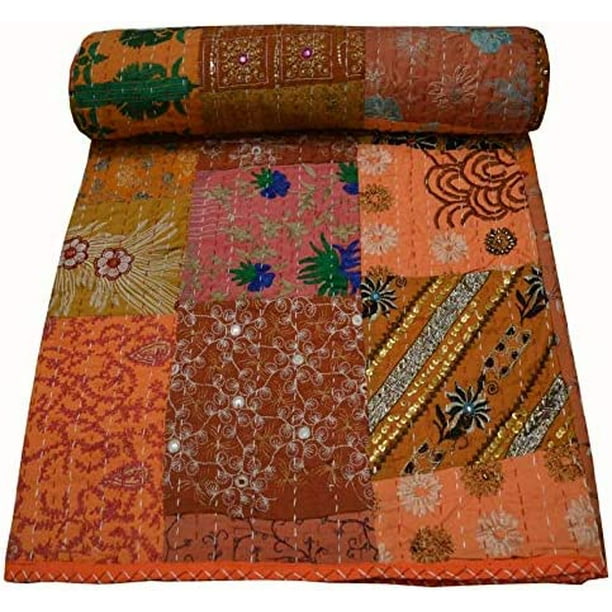 IndIan Handmade Patchwork Kantha Quilt Green Color Quilt Queen Size