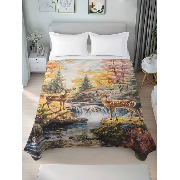 Autumn Forest Deer Twim Size Flat Sheet, Wrinkleproof & Fadeproof Cooling Flat Bed Sheet Only, Elk River Mountain Breathable Soft Bedding Top Sheets 66 x 96 Inches