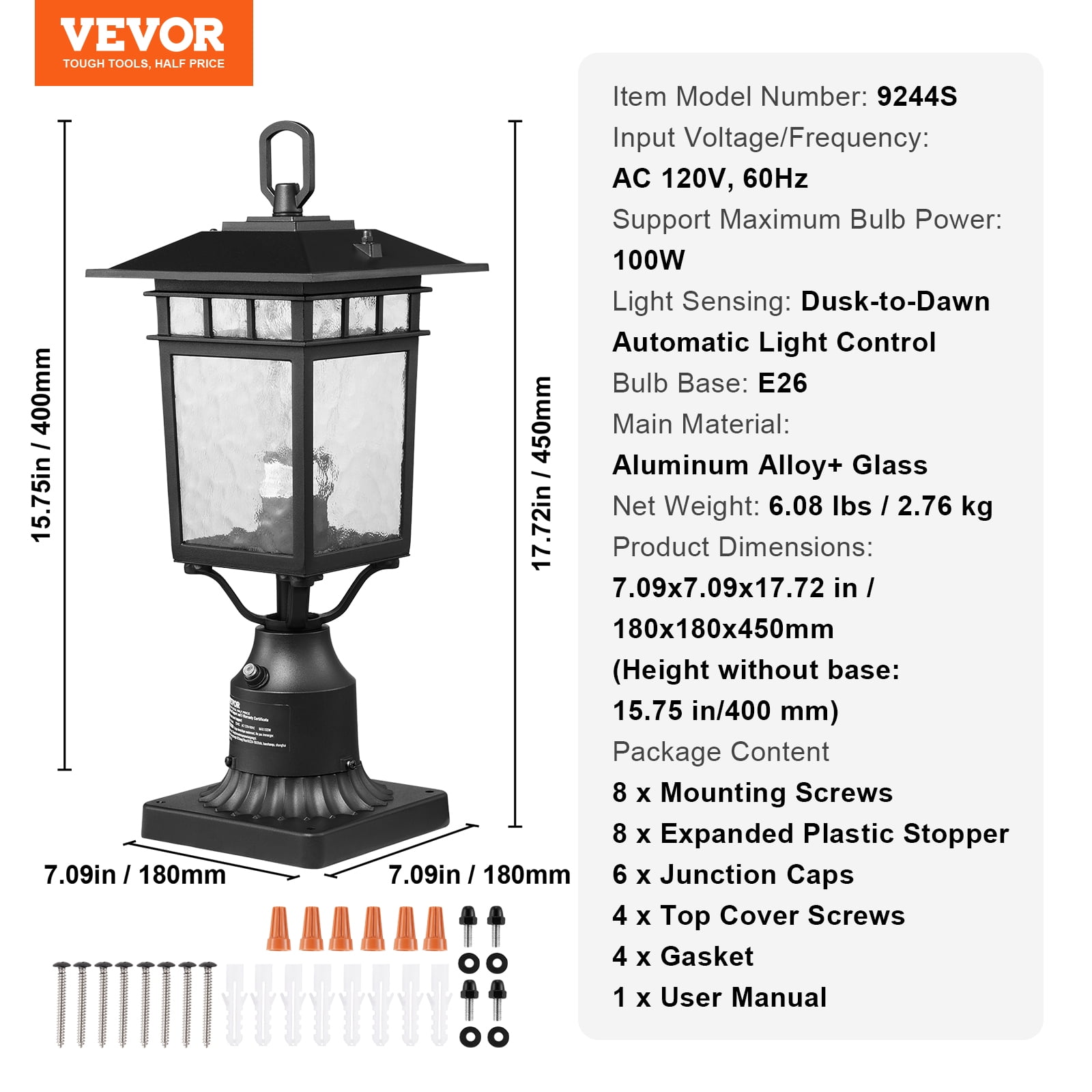 VEVOR 2 Pack Dusk to Dawn Outdoor Post Light, 15.75 in, Waterproof Lamp Post Light Fixtures with 5.5 in Pier Mount Base Glass Shade, Lightning-proof Exterior Pole Column Light
