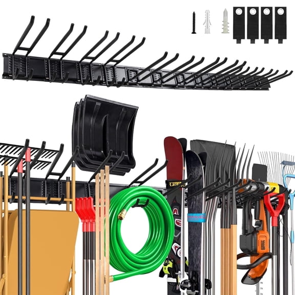 Garage Storage Hooks System 12 PCS Wall Mounted Adjustable Hooks with 4 Rails, Yard Tool Rack for Shovel, Rake, Broom