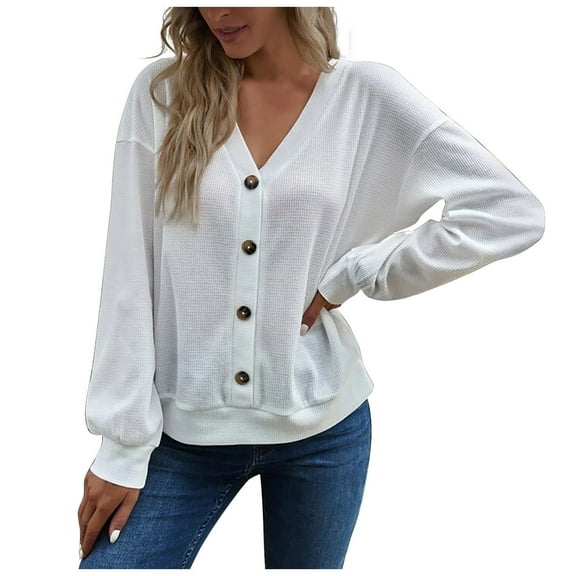 ShomPort Women Casual Long Sleeve Buttons V Neck Tops Loose Blouse Solid Color Shirt