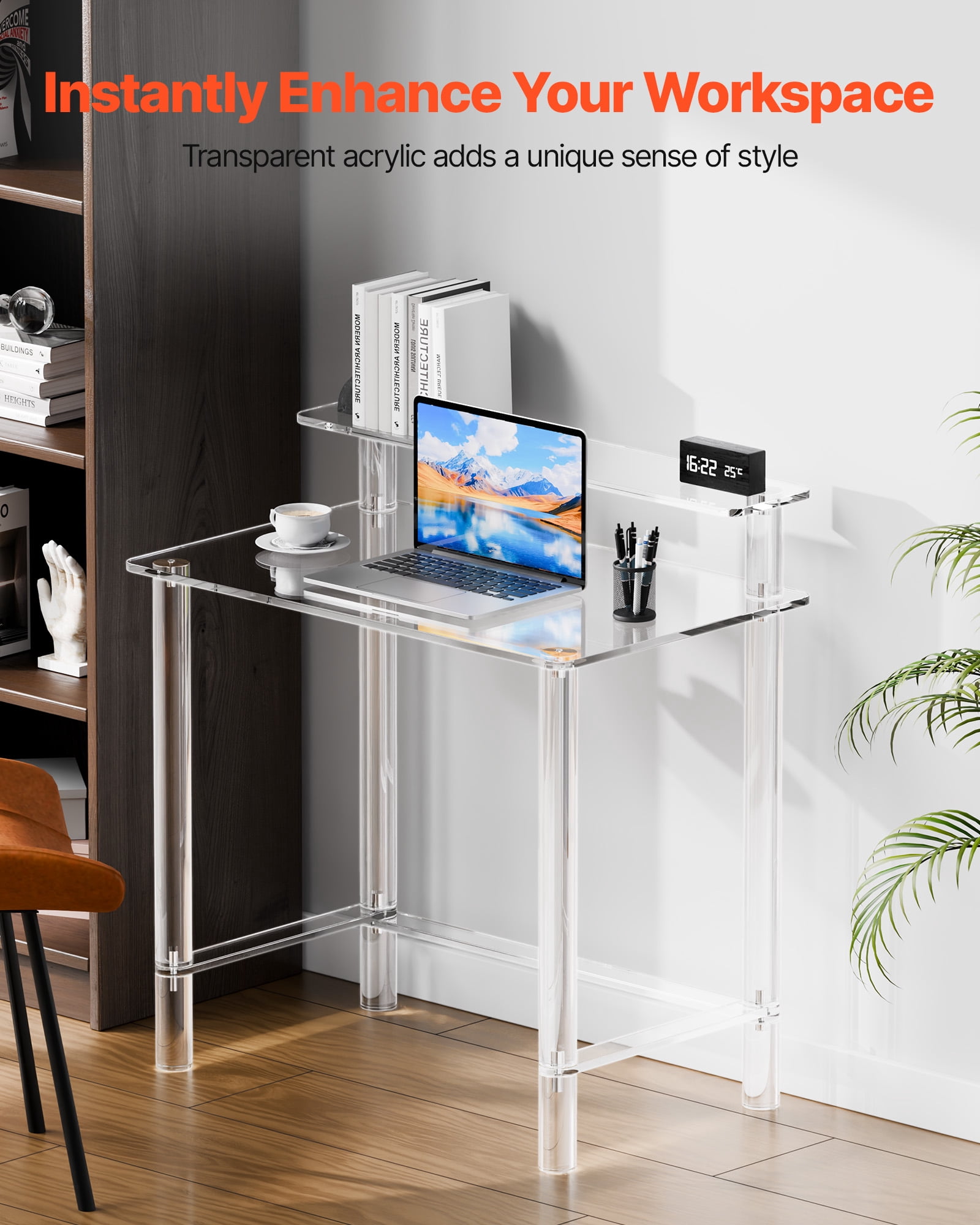 VEVOR Acrylic Table, 2 Tiers Clear Office Desk with Monitor Stand, Acrylic Study Computer Desk, Modern Side End Table Nightstand for Bedroom, Office, Study, Cloakroom, 19.7 x 31.5 x 34.7 in (Clear)