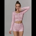 thumbnail image 4 of Conjuntos de Pijama para Mujer con Top Corto de Larga y Pantalones Cortos de Tiro Bajo con Ribete de Encaje y Estampado Floral Ditsy Rosa S, 4 of 7
