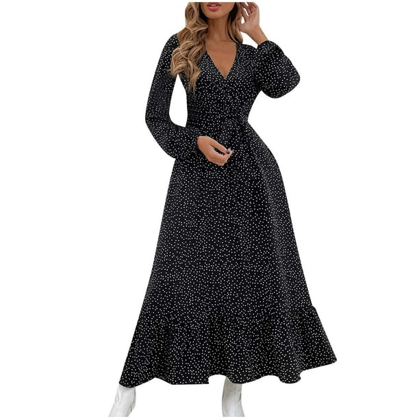 Vestidos Para Mujer Otoño Moda Estampado Manga Larga Cordón Cuello en V Vestido Largo (Cinturón Incluido) Odeerbi ODB145780