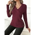 thumbnail image 4 of Botton Side Surplice Neck Sweater, Elegant Long Sleeve Sweater For Fall & Winter, Women's Clothing, 4 of 4