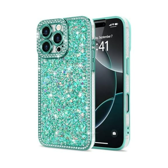 for iPhone 16 Pro Case Glitter, Luxury Shiny Bling Sparkly Bumper Cover with Crystal Diamonds for Women Girls Soft TPU Slim Shockproof Protective Phone Case for iPhone 16 Pro 6.3", Green
