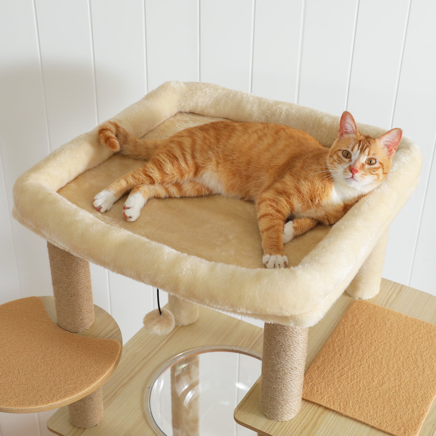 Kadyn 71" Wooden Cat Tree Tower for Multiple Cats, Modern Cat Tree House with Cat Condo for Indoor Cats, Beige
