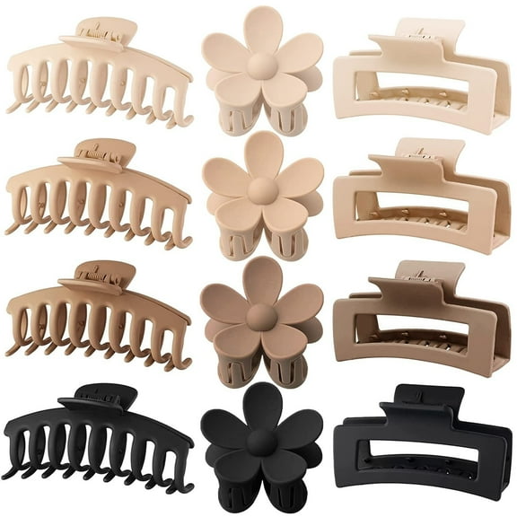 JIAYUEZHAO 12 Pack Large Hair Claw Clips Flower Hair Clips Big Claw Clips for Thick Hair, 3 inch Cute Flower Hair Clips,4.1 inch Rectangle claw clips,4.5 inch banana clips,3 Styles, Neutral Colors