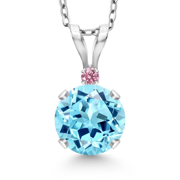 Gem Stone King 14K White Gold Blue Apatite and Pink Lab Grown Diamond Pendant Necklace for Women | 0.83 Cttw | Gemstone Birthstone | Round 6MM | With 18 inch Silver Chain