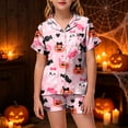thumbnail image 2 of NIEWTR Girls Pajamas Halloween Cartoon Print Short Sleeve Lapel Cute Top and Shorts Pjs for Kids Breathable Soft Fashion Nightwear Casual Daily Wear, 2 of 5