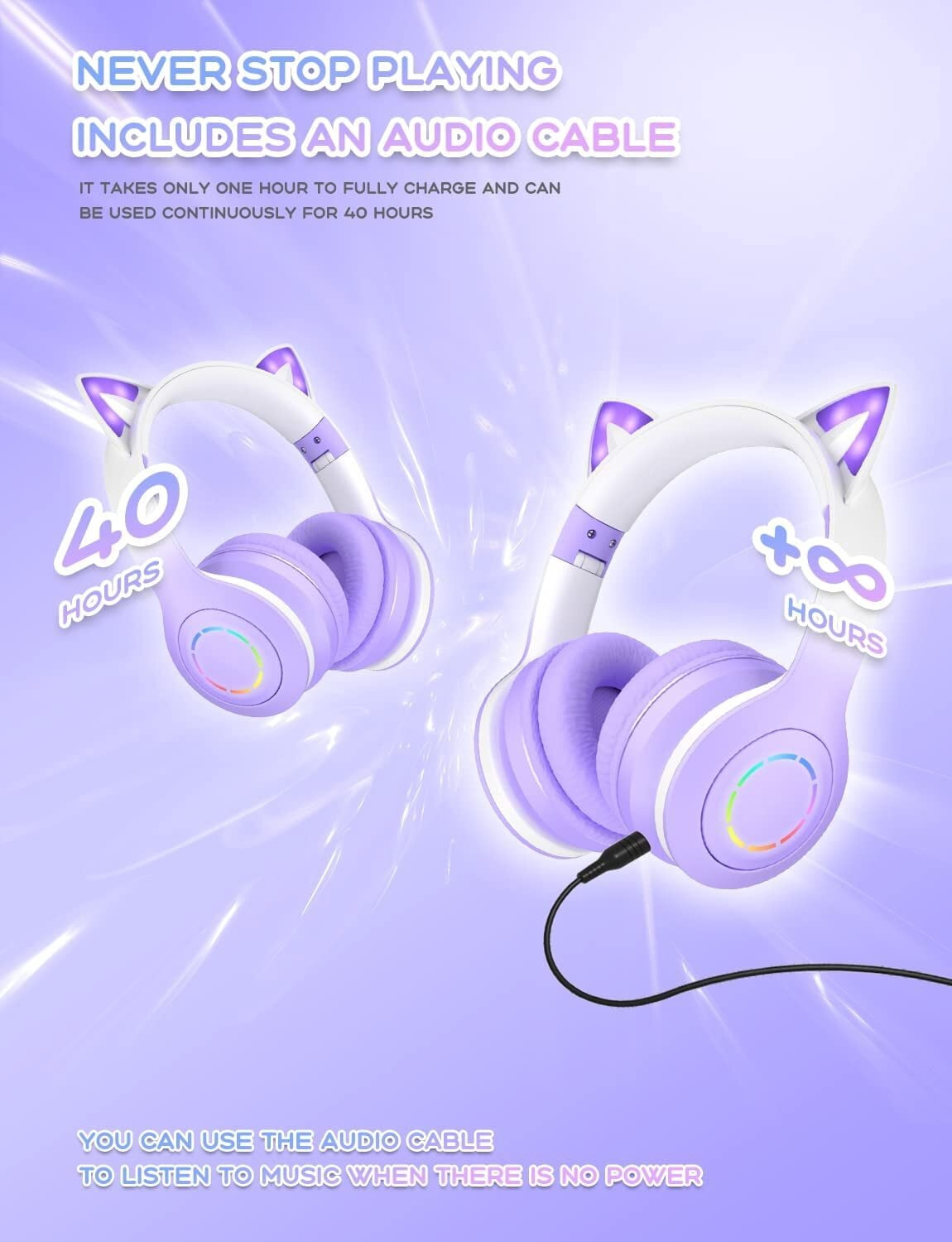 Cat Ear Kids Bluetooth Headphones for Girls for School, Foldable Wired Gaming Headset with Microphone & 3.5mm Jack, Adjustable Headband Teens Toddlers Wireless Earphones for Tablet/PC