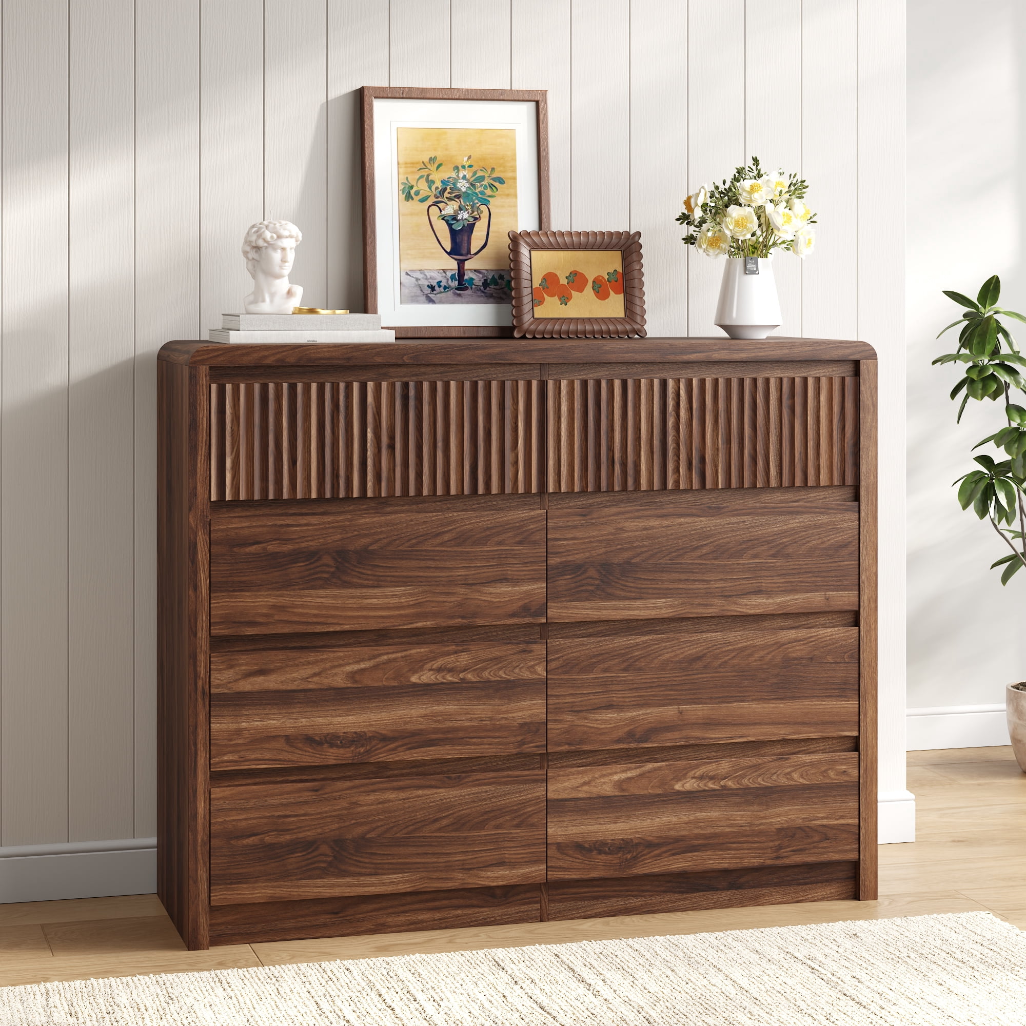 ASTUVIA 8 Drawers Dresser for Bedroom, 49.2" W Modern Chest of Drawers with Curved Profile Design, Mid Century Fluted Storage Dressers Organizer,Brown