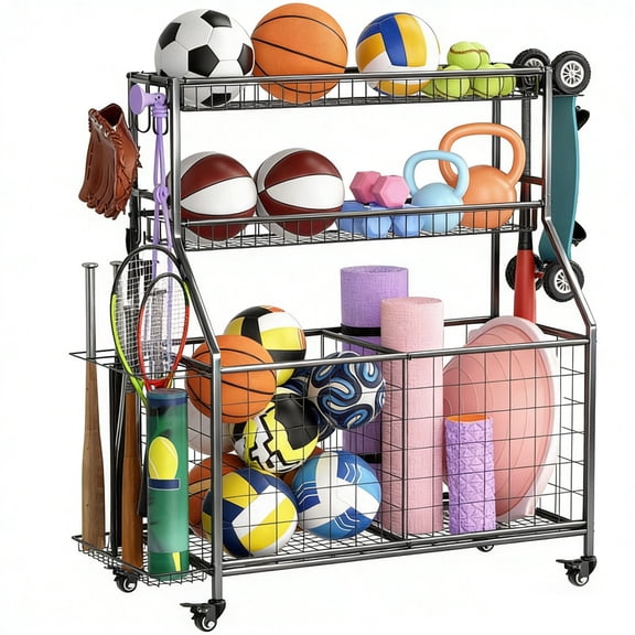 Sports Equipment Garage Organizer, Heavy Duty Metal Ball Storage Rack with Baskets & Hooks, Rolling Cart with Wheels for Sports Gear & Toy Storage, Indoor/Outdoor Use for Gym, Club, Basement - Black