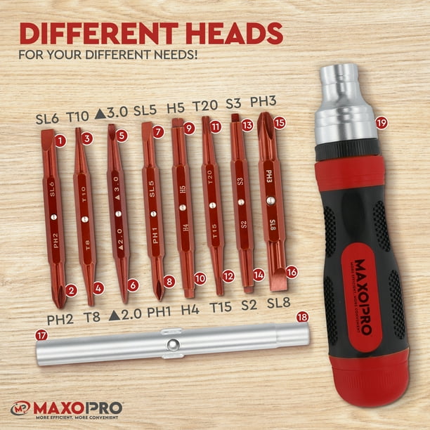Ratcheting Screwdriver Set with Magnetic Tips - 19 In 1 Ratchet