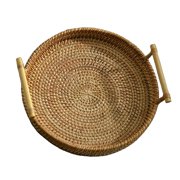 Serving Storage Tray,Hand-Woven Rattan Storage Tray Wicker Basket,Round Handwoven Serving Tray Food Baskets,Decorative Organizer Tray with Handles,Woven Serving Tray Breakfast 24x3cm