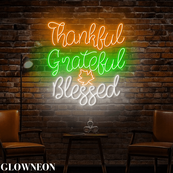 Glowneon Thankful Grateful Blessed Neon Sign, Thanksgiving Party Sign