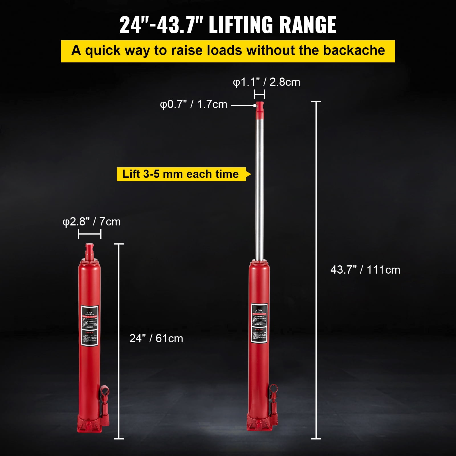 KFFKFF Hydraulic Long Ram Jack, 4 Tons Capacity, Single Piston, Flat Base, Manual Operation, Suitable for Garage Cranes, Engine Hoists, Red