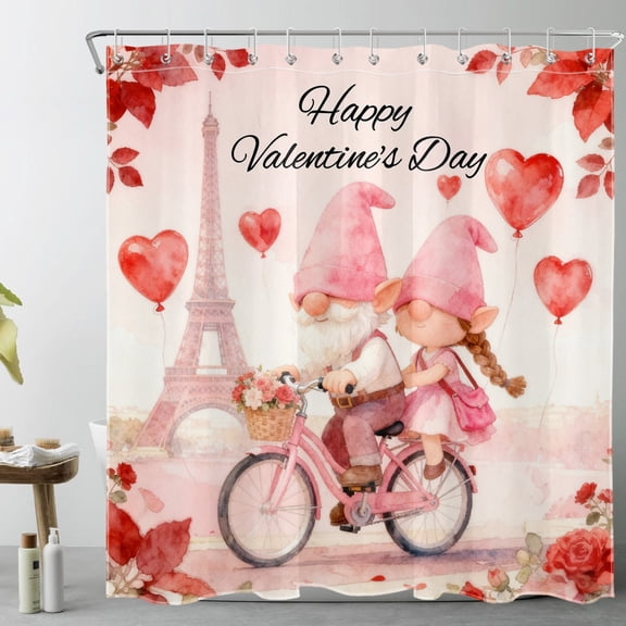 HVEST Valentines Day Shower Curtain, Romantic Cute Gnome Shower Curtain - Happy Valentine's Day Bathroom Decor, Waterproof Polyester Fabric, Includes 12 Hooks, 72x72 Inches