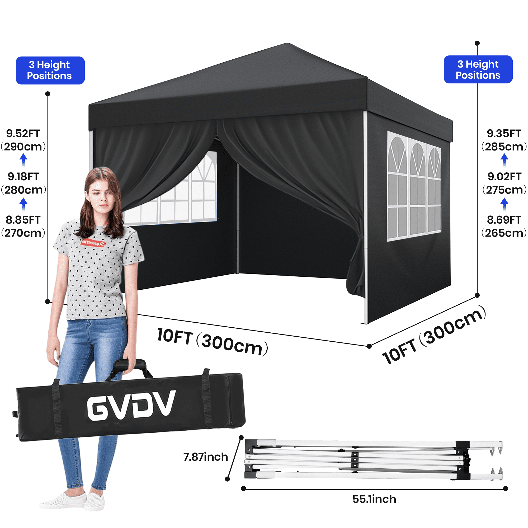 GVDV 10X10Ft Pop up Canopy Tent Enclosed Instant Folding Canopy Shelter with Elegant Church Window, Black