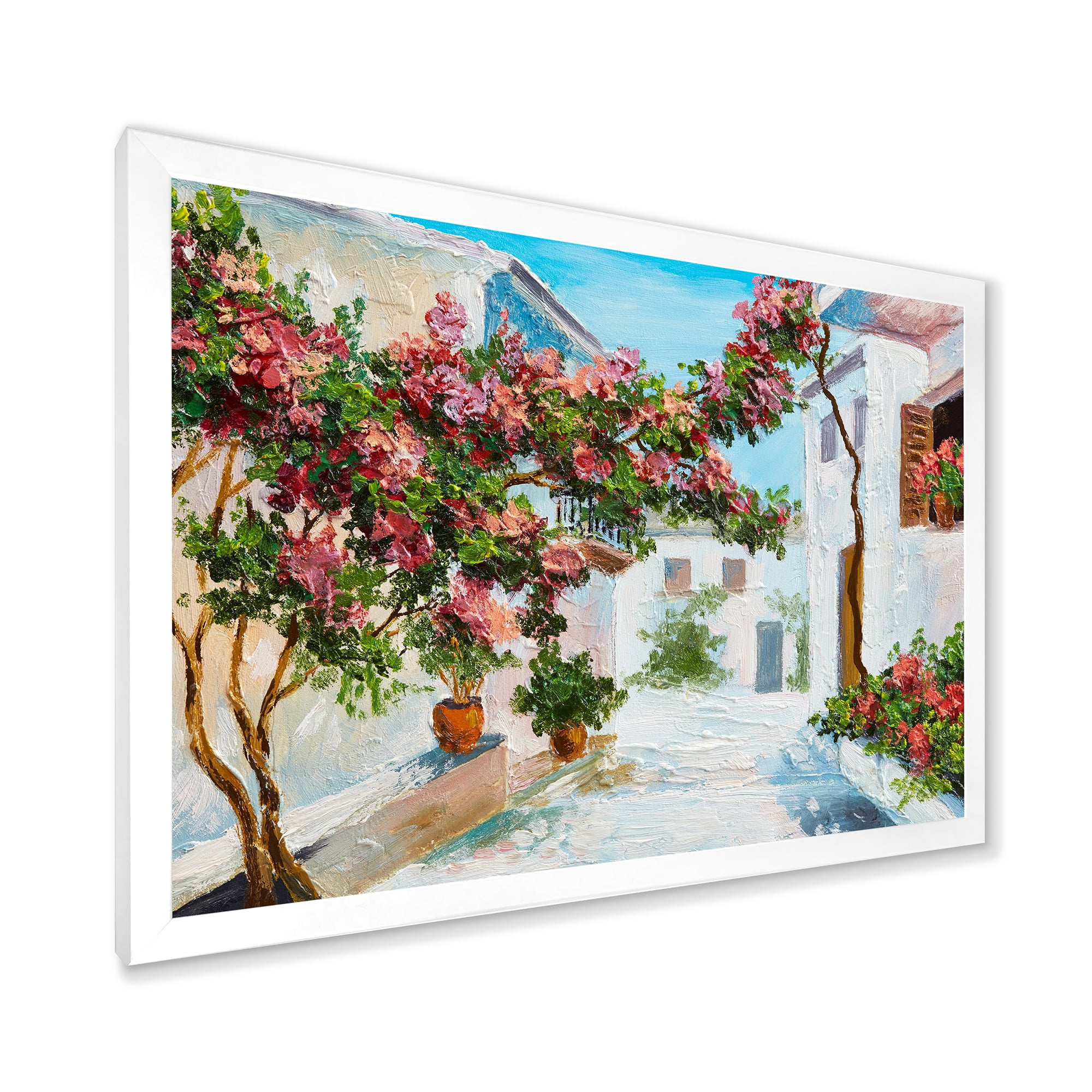 Designart 'Blossoming Flowers With White House Near The Sea' Nautical & Coastal Framed Art Print