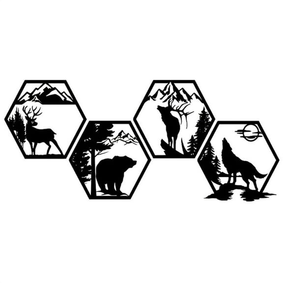 4pcs Home Decorative Frames Elk Deer Wolf Bear Hexagonal Metal Wall Sculpture Leaked Black Rustic Metal Forest Decor Wilderness