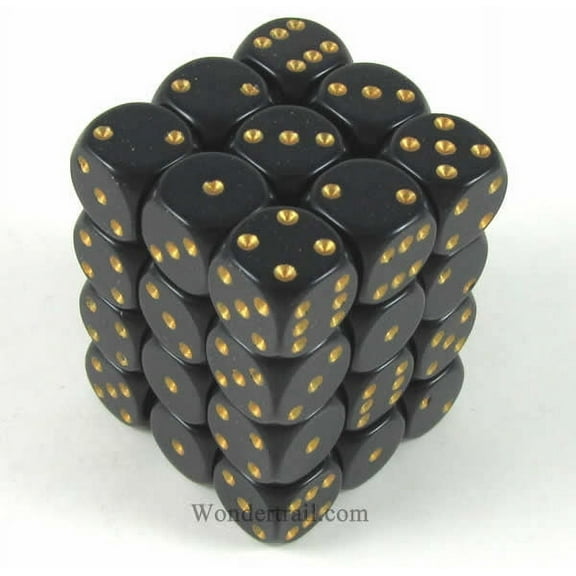 Black Opaque D6 Dice with Gold Pips 12mm (1/2in) Pack of 36 Dice Chessex