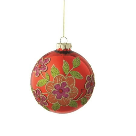 Red and Green Glass Floral Motif Christmas Ball Ornament 3.5