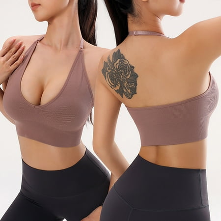 Summer Clearance Sale! Joau Women s Halter Ribbed Knit Sports Bra Backless Workout Running Yoga Bralettes Seamless V Neck Padded Crop Tops with Adjustable Strap