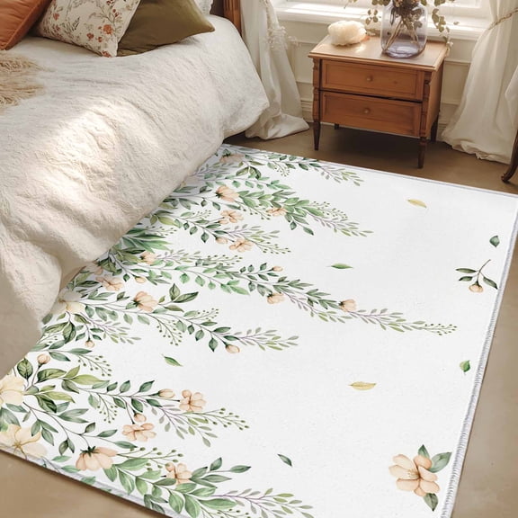 Area Rug for Living Room, Green Eucalyptus Leaves Non-Slip Indoor Large Carpet for Bedroom/Dining Room, Spring Floral Weeping Farmhouse Washable Low-Profile Rectangle Floor Mat Runner Rugs - 3 x 5 Ft