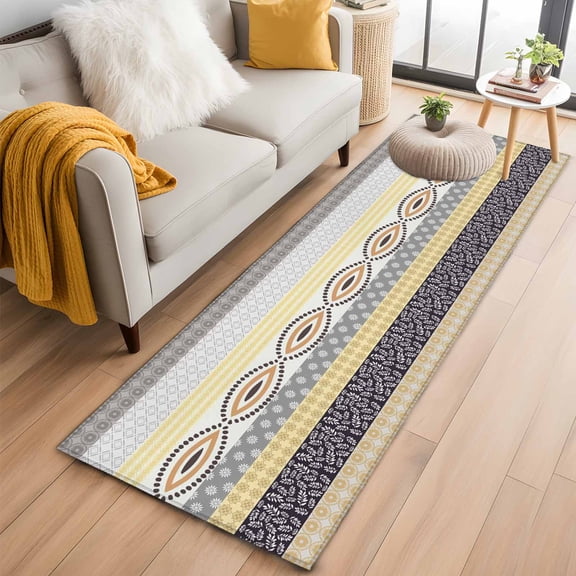 2'x6' Rug Runners for Hallways Kitchen, Yellow Grey Geometric Non Slip Entryway Beside Floor Carpet Runner, Boho Vintage Country Flowers Leaves Laundry Room Bedroom Throw Rugs Mat for Family Pet